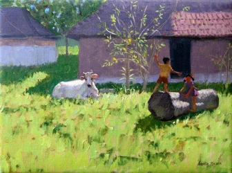 Branca, vaca, e, dois, crianças, MANKOTTA, ilha, kerala, índia