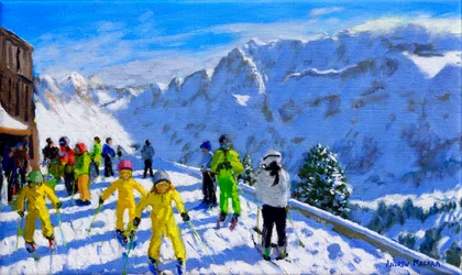 Esquiadores jovens em amarelo, Val Gardena Italy.12x20