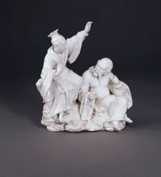 Um grupo Chinoiserie seco de Derby emblemático da audição a partir de um conjunto de sentidos, c.1750-52 (China)