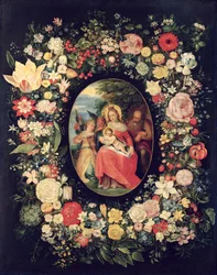 A Sagrada Família Emoldurada por uma guirlanda de flores,