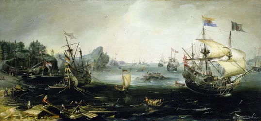 Navios holandeses carregando uma carga de madeira num fiorde escandinavo. Pintura a óleo, de Andries van Eertvelt (1590-1652).