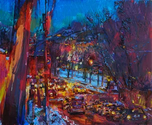 Tráfego noturno numa cidade colorida