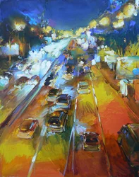 Autostrada noturna numa cidade vibrante