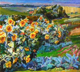 Campo de girassóis colorido