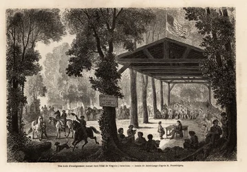 Uma escola de educação mútua, num bosque da Virgínia (Estados Unidos), desenhada por Janet Lange, para ilustrar uma visita à caverna de Mammoth, Kentucky, em 1859, por M. Pousselgue. Gravura em "Le tour du monde", editado por Edouard Charton