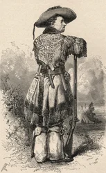 Charles H. Utter, também conhecido como Colorado Charlie, ilustração de "O mundo nas mãos", gravado por Henri Theophile Hildibrand (1824-97), publicado em 1878