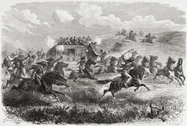 Índios atacando uma diligência transcontinental em 1867, ilustração de "O mundo nas mãos", gravada por Charles Laplante (d.1903), publicada em 1878