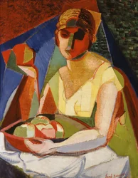 Mulher com uma bandeja de fruta