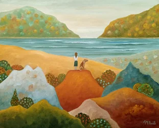 Menina, Cão, Vista para o Mar