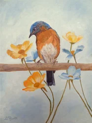 Pássaro-azul da primavera e flores