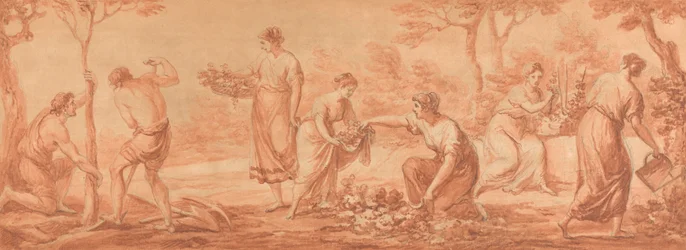 Um friso: Homens a plantar árvores, mulheres a colher flores e a regar flores
