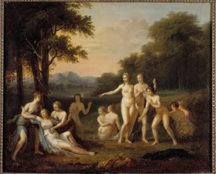Diana descobre a gravidez de Calisto. Pintura de Angelica Kauffmann (1740-1807). Século XVIII. A. 0,46 x 0,56 m. Tours, Museu de Belas-Artes