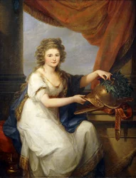 Retrato da condessa Catherine Skavronska, com três quartos de comprimento, em vestido neoclássico, por uma cortina drapeada, adornando um capacete, com inscrição "Potemkin Taurico", com uma coroa de flores, 1789