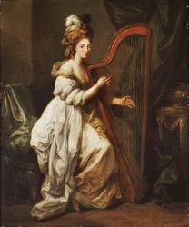 Retrato de Elizabeth Ewer, de corpo inteiro, sentada com um vestido branco e um xaile amarelo, a tocar harpa, num interior, c. 1768-73
