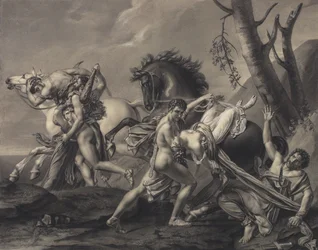 Teseu e Pirítoo livram a terra de salteadores e libertam duas mulheres das mãos dos seus raptores