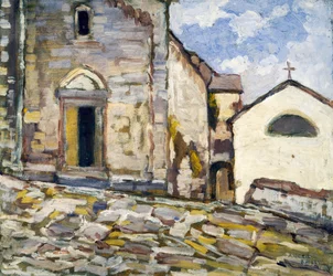Fachada de uma igreja, por Angelo Balbi (1872-1939). Itália, século XX.