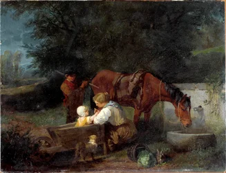 Um fazendeiro com seu filho, um garoto da fazenda e um cavalo Pintura de Angelo Beccaria (1820-1897)