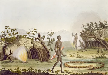 Cabine nativa, New Holland, placa 64 de &39;The Old and Modern Costume&39;, de Jules Ferrario, publicada em c.1820s-30s