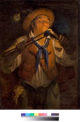 Um camponês acende uma vela com um carvão a arder Pintura de Angelo Inganni (1807-1880) 1850 Coleção particular