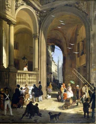 Milão, Piazza Mercanti, pintura de Angelo Inganni, cerca de 1825.