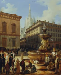 Vista da rua de Milão, ao fundo a catedral