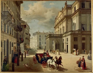 A fachada do Teatro della Scala, Milão, construída por Giuseppe Piermarini (pintura sobre tela)