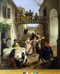 O jantar de casamento no pátio. Pintura de Angelo Inganni