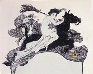 Bruxas em movimento no ar. Ilustração de Angelo Jank (1868-1940) para Jugend