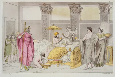 O casamento de Ulysses e Penelope, ilustração de Le Costume Ancien ou Moderne por Jules Ferrario, gravado por A. Biasoli, Milão 1821 (gravura a cores)