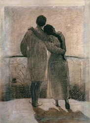 Casal Jovem, painel central do Dream and Reality Triptych, 1905 (lápis e carvão sobre papel)