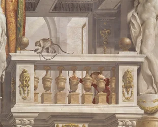 Sala de recepção do grão-duque, detalhe do teto representando um macaco e menino em uma balaustrada, 1638-44