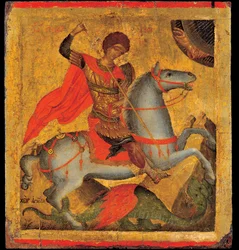 Akotandos, Angelos (ativo ca. 1425-1460) São Jorge e o Dragão Tempera no painel ca. 1440-1460 Museu Benaki, Atenas 40,8x37,5