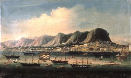 Vista de Hong Kong, com um Hulk prisional e um Paddlesteamer no porto (óleo sobre tela)