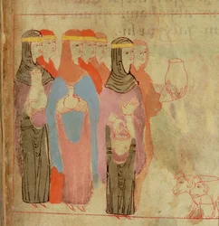 Cott Claud B IV f.76 Mulheres com fitas de cabeça de ouro, do Pentateuco Aelfric, de Santo Agostinho, Canterbury