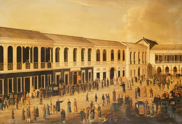Uma vista dos Hongs à beira-mar em Canton, c. 1825