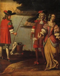 Tela dupla-face quádrupla, c.1700 (tela pintada e couro) (detalhe de 3248382)