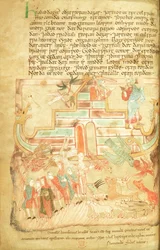 Cott Claud B IV f.15v Noé e família que deixa a Arca, do Pentateuco Aelfric, de Santo Agostinho, Canterbury