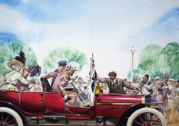 Eclosão da Primeira Guerra Mundial, ilustração de "Great Events in World History" (guache sobre papel)