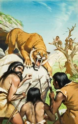 Tigre dentes-de-sabre e homens das cavernas (guache sobre papel)
