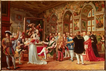 O século de Francisco I: Francisco I, rei de França, recebeu em Fontainebleau a pintura da Sagrada Família, enviada de Roma por Rafael (Raffaello Sanzio, pintor italiano) em homenagem à sua gratidão. Aos seus lados distinguimos: (Parte à esquerda o