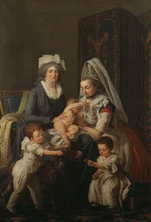 Retrato de uma senhora, no interior com sua enfermeira e três filhos,