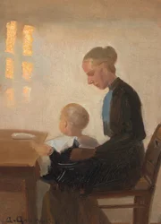 Um interior com uma mãe e um filho.