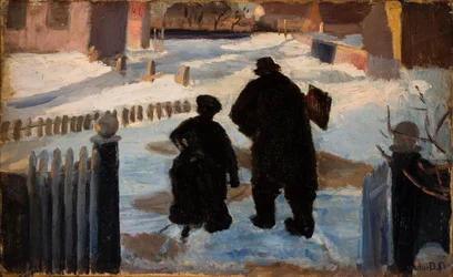 Michael Ancher a caminho de seu estúdio acompanhado pela organista Helene Christensen