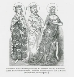 Ricardo II com os seus três protectores, São João Batista, Santo Edmundo e Santo Eduardo, o Confessor, de uma antiga ... (litografia)