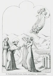 São Francisco encontra a pobreza, a castidade e a obediência (litografia)