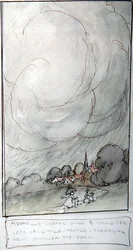 Aquarillo olhou para baixo e podia ver muitas pessoas pequenas correndo sobre a terra (caneta e tinta com aquarela sobre papel)
