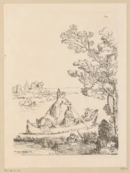 Paisagem do rio com um barco remado por uma mulher Cabinet du Roy (título da série no objeto)