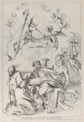 Pessoas doentes convocando um santo bispo, que aparece no canto superior esquerdo, 1729-40.