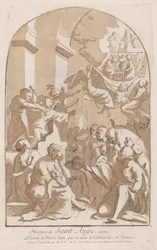 O martírio de Santo Ângelo que no canto superior esquerdo está sendo esfaqueado assistido por horríveis..., 1729-64.