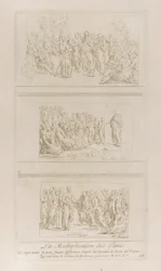 Três estudos separados para os milagres dos pães, mostrando Cristo em pé em d..., ca. 1729-40.